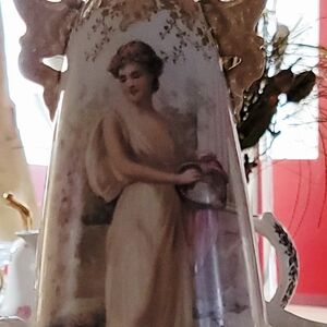 Decorative Cream and Gold Porcelain Vase with Classical Figure